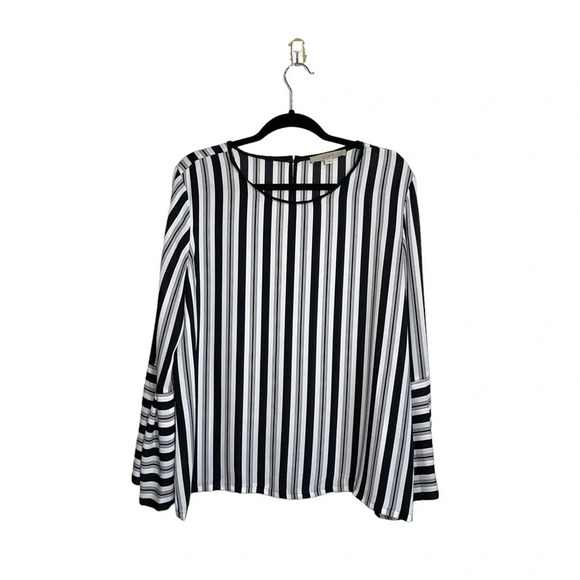 LOFT White & Black Striped Bell Sleeve Blouse Large Women’s - Picture 1 of 11